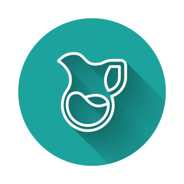 Süt ikonlu beyaz çizgi sürahi camları uzun gölge arkaplanlı. Süt için çaydanlık. Süt içen cam sürahi. Yeşil daire düğmesi. Vektör