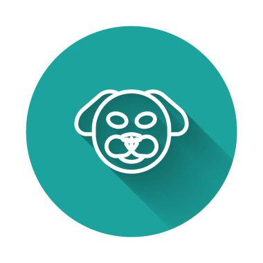 Beyaz çizgi köpek simgesi uzun gölge arkaplan izole. Yeşil daire düğmesi. Vektör