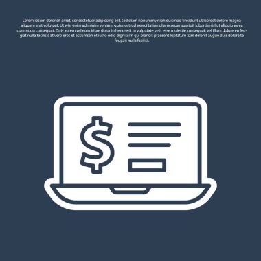 Mavi renkli dizüstü bilgisayarın mavi arka planında dolar simgesi var. Dünyanın her yerine para göndermek, para transferi, online bankacılık, finansal işlemler. Vektör