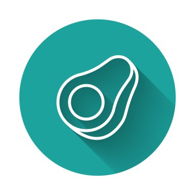 Beyaz çizgi Avokado meyve ikonu uzun gölge arkaplan izole. Yeşil daire düğmesi. Vektör