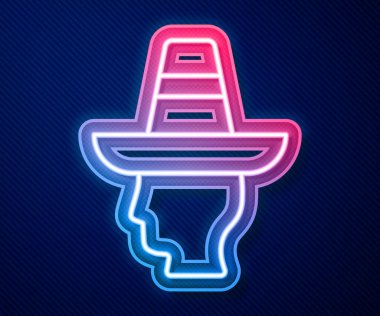 Mavi arka planda izole edilmiş sombrero ikonu giyen parlak neon çizgili Meksikalı adam. Bıyıklı İspanyol adam. Vektör