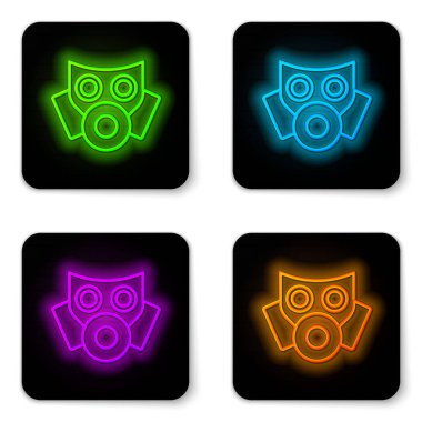 Parlayan neon hattı gaz maskesi simgesi beyaz arkaplanda izole edildi. Solunum cihazı işareti. Siyah kare düğme. Vektör