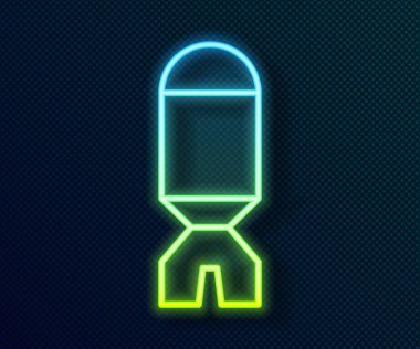 Parlayan neon hattı roket fırlatıcı ve siyah arka planda izole edilmiş bir füze ikonu. Vektör