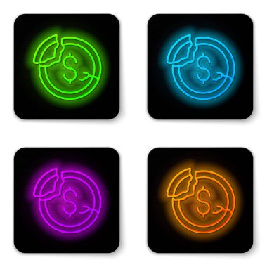 Parlayan neon hattı dolar oranı beyaz arkaplanda izole edilmiş simgeyi azaltır. Maliyet düşüşü. Aşağı ok ile para sembolü. İş kaybı kriz azalıyor. Siyah kare düğme. Vektör