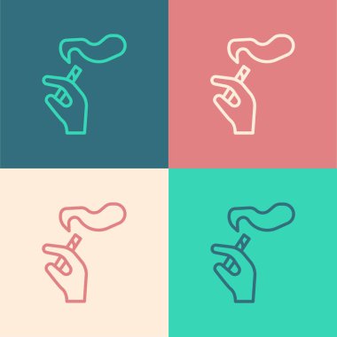 Arka planda izole edilmiş sigara ikonu tüttüren Pop Art Line Hand. Tütün tabelası. Vektör