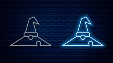 Parlayan neon hattı cadı şapkası simgesi tuğla duvar arkasında izole edilmiş. Mutlu Cadılar Bayramı Partisi. Vektör