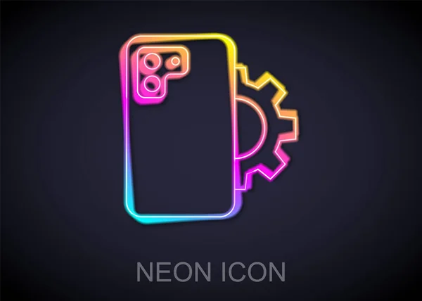 Gloeiende neon lijn Telefoon reparatie service pictogram geïsoleerd op zwarte achtergrond. Aanpassen, service, instelling, onderhoud, reparatie, vaststelling. Vector — Stockvector