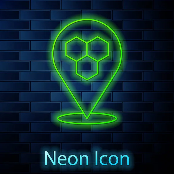 Leuchtende Neon-Linie Honeycomb Biene Standort Karte Nadelzeiger Symbol isoliert auf Backstein-Wand Hintergrund. Landkarten-Zeiger für Nutztiere. Vektor — Stockvektor