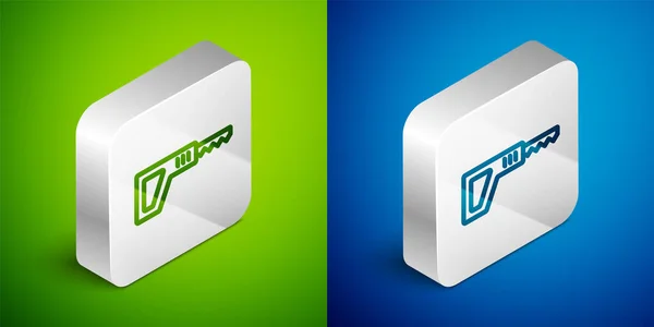 Isometric line Reciprocating saw and saw blade icon isolated on green and blue background. Silver square button. Vector