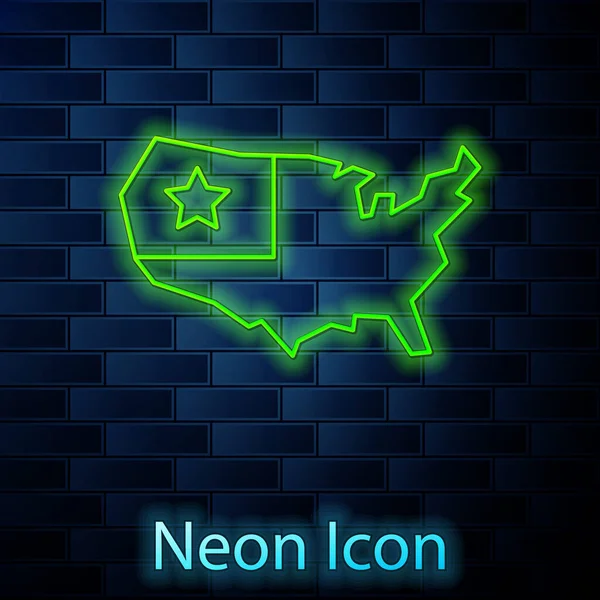 Glowing neon line USA map icon isolated on brick wall background. Map of the United States of America. Vector — Stock Vector