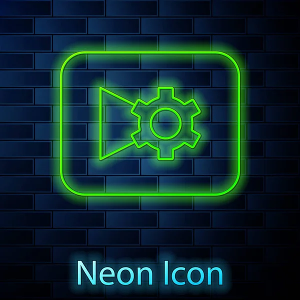 Glödande neon line Musik eller videoinställningar knapp ikon isolerad på tegel vägg bakgrund. Vektor — Stock vektor
