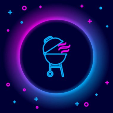 Parlayan neon hattı ızgara ikonu siyah arkaplanda izole edildi. Barbekü ızgara partisi. Renkli taslak konsepti. Vektör