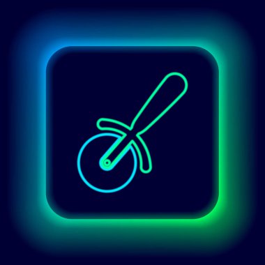 Parlayan neon hattı pizza bıçağı ikonu siyah arka planda izole edildi. Pizza kesme tabelası. Çelik mutfak gereçleri. Renkli taslak konsepti. Vektör