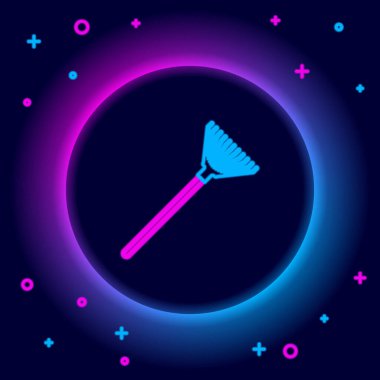 Siyah arkaplanda izole edilmiş yapraklar için parlayan neon çizgisi tırmığı. Bahçecilik, tarım, çiftçilik aleti. Toprak işçisi. Renkli taslak konsepti. Vektör