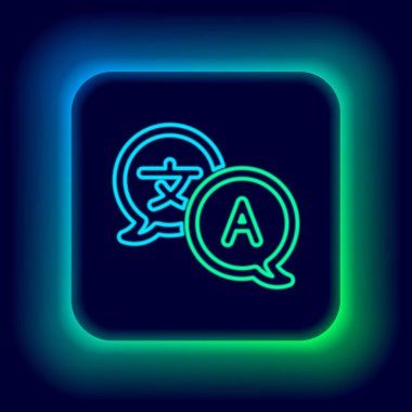 Parlayan neon hattı tercüman simgesi siyah arkaplanda izole edildi. Sohbet balonunda yabancı dil konuşma simgeleri. Çeviri konsepti. Renkli taslak konsepti. Vektör