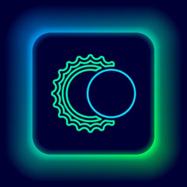 Parlayan neon hattı güneş tutulması simgesi siyah arkaplanda izole edildi. Tam sonar tutulması. Renkli taslak konsepti. Vektör