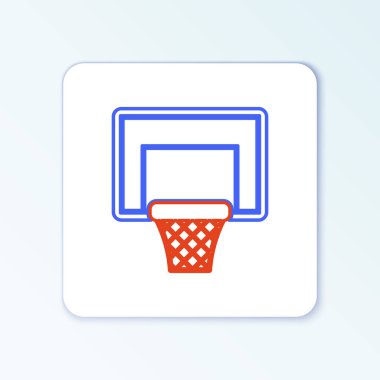 Çizgi basketbol topu ve basket ikonu beyaz arka planda izole edildi. Basketbol potasında top. Renkli taslak konsepti. Vektör