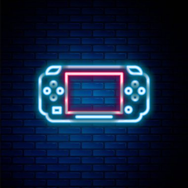 Parlayan neon hattı taşınabilir oyun konsolu simgesi tuğla duvar arka planında izole edildi. Av alanı tabelası. Oyun konsepti. Renkli taslak konsepti. Vektör