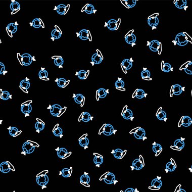 Dünya 'nın simgesini tutan çizgi insan eli siyah arkaplanda izole edilmiş kusursuz desen. Dünya kavramını sakla. Vektör