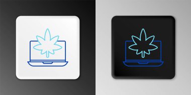 Çizgi dizüstü bilgisayar ve tıbbi marihuana ya da kenevir yaprağı ikonu gri arka planda izole edilmiş. İnternetten satın alma sembolü. Süpermarket sepeti. Renkli taslak konsepti. Vektör