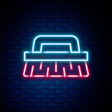 Temizlik simgesi için parlayan neon hat fırçası tuğla duvar arka planında izole edildi. Temizlik hizmeti konsepti. Renkli taslak konsepti. Vektör