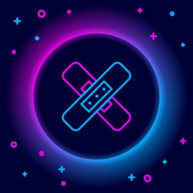 Parlayan neon çizgisi siyah arkaplanda izole edilmiş bandaj alçı ikonu. Tıbbi alçı, yapıştırıcı bandaj, esnek kumaş bandajı. Renkli taslak konsepti. Vektör