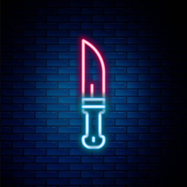 Parlayan neon hattı Hunter bıçak ikonu tuğla duvar arkasında izole edildi. Ordu bıçağı. Renkli taslak konsepti. Vektör