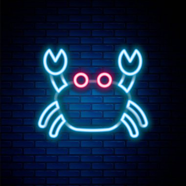 Parlayan neon hattı Yengeç simgesi tuğla duvar arkasında izole edildi. Renkli taslak konsepti. Vektör