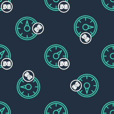 Çizgi dijital hız ölçer kavramı ve 5G simgesi siyah arkaplanda izole edilmiş kusursuz desen. Küresel ağ yüksek hızlı bağlantı veri oranı teknolojisi. Vektör