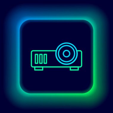 Parlak neon hattı sunumu, film, film, medya projektörü simgesi siyah arkaplanda izole edildi. Renkli taslak konsepti. Vektör