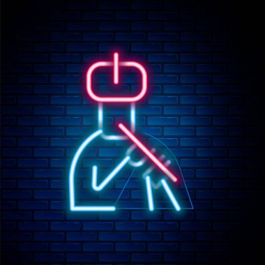 Parlayan neon hattı Hintli adam tuğla duvar arkasında izole edilmiş flüt ikonu çalıyor. Hindistan 'ın Bansuri folk müziğini çalan sanatçı. Renkli taslak konsepti. Vektör