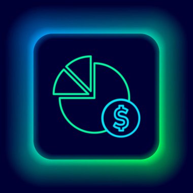 Parlayan neon hattı pasta grafiği bilgisi ve dolar sembolü simgesi siyah arkaplanda izole edilmiş. Diyagram çizelgesi. Renkli taslak konsepti. Vektör