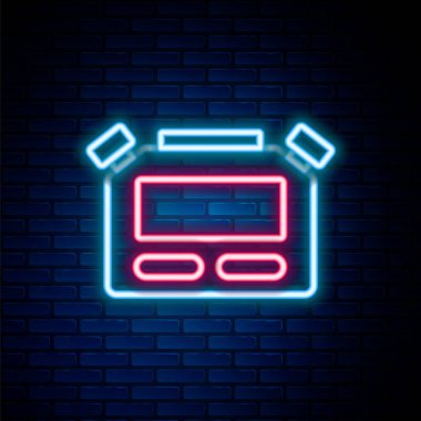 Parlayan neon hattı Stopwatch simgesi tuğla duvar arka planında izole edildi. Zaman göstergesi. Kronometre işareti. Renkli taslak konsepti. Vektör