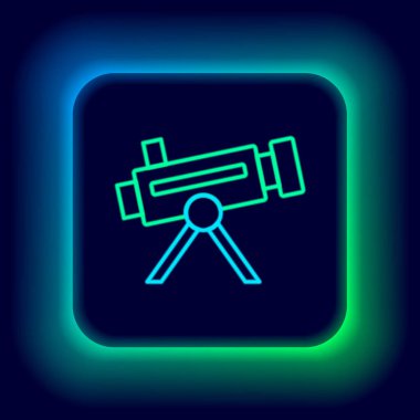 Parlayan neon hattı Teleskop simgesi siyah arkaplanda izole edildi. Bilimsel bir alet. Eğitim ve astronomi elementi, dürbün ve çalışma yıldızları. Renkli taslak konsepti. Vektör