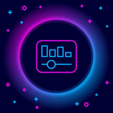 Parlayan neon hattı Müzik eşitleyici simgesi siyah arkaplanda izole edildi. Ses dalgası. Ses dijital dengeleyici teknolojisi, konsol paneli, nabız müzikali. Renkli taslak konsepti. Vektör