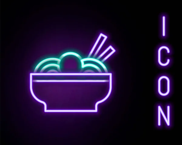 发亮的霓虹灯线亚洲面条在碗和筷子图标孤立的黑色背景 街上的快餐韩国菜 日本菜 中国菜五彩缤纷的概念 — 图库矢量图片