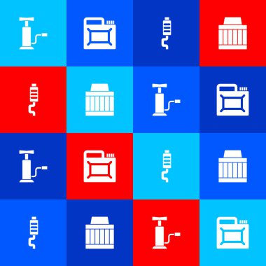 Araba pompası, motor yağı, susturucu ve filtre simgesi için teneke kutu ayarlayın. Vektör