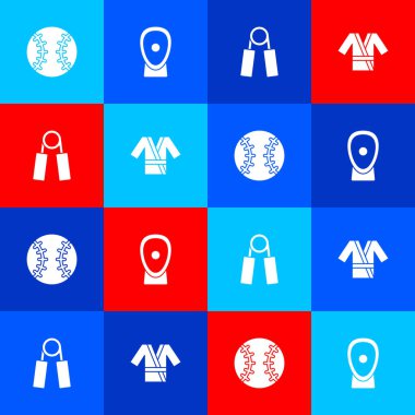 Beyzbol topu, boks antrenman patileri, spor genişleticisi ve Japon kostümlü Kimono ikonu. Vektör