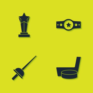 Ödül kupası, buz hokeyi sopası ve disk, eskrim ve boks kemeri ikonu. Vektör