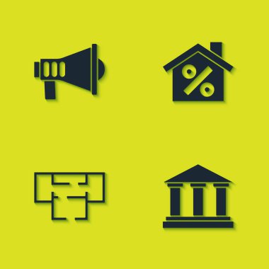 Megaphone 'u, Müze binasını, ev planını ve indirimli ikonu ayarla. Vektör