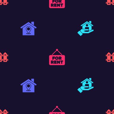 Emlakçıyı ayarlayın, evi olan konum, Kiralık ve Bahçe çitleri için asma tabelası kusursuz desenli ahşap. Vektör