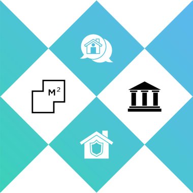 Ev planı, rozet, emlak mesaj evi ve müze binası ikonu. Vektör