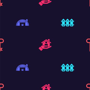 Bahçe çitleri ahşap, Depo, emlakçı ve evin anahtarını pürüzsüz bir şablona ayarlayın. Vektör