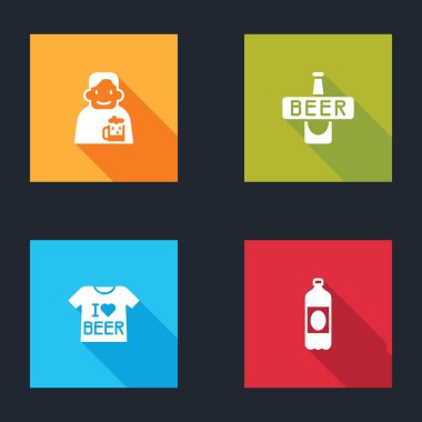 Happy Man 'i bira, bira şişesi, tişört ve plastik ikonla ayarla. Vektör