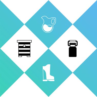 Hive 'ı arılar için hazırla, su geçirmez lastik bot, sütle sürahi bardak ve kutu ikonu. Vektör