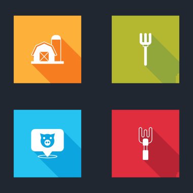 Çiftlik evi, bahçe yabası, domuz ve tırmık ikonu. Vektör