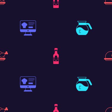 Kahve demliği, internetten sipariş ve teslimat, şarap şişesi ve kızarmış hindi tavuğu. Vektör