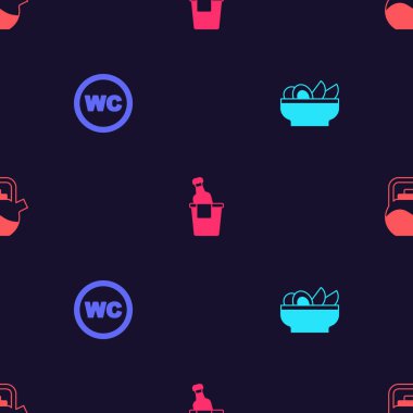 Nachos 'u tabağa, tuvalete, şampanyaya buz kovasına ve dikişsiz desenli su ısıtıcısına koyun. Vektör