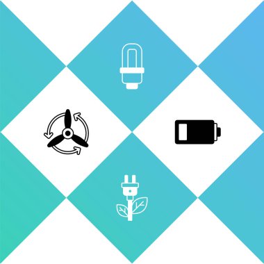 Rüzgar türbini, elektrik tasarrufu yaprağı, LED ampul ve pil simgesini ayarla. Vektör