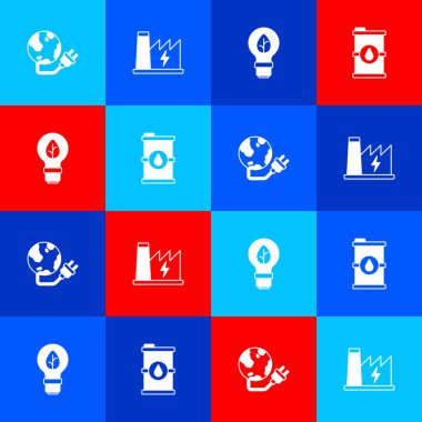 Küresel enerji gezegeni, nükleer santral, yapraklı ampul ve biyo yakıt varili ikonu ayarla. Vektör